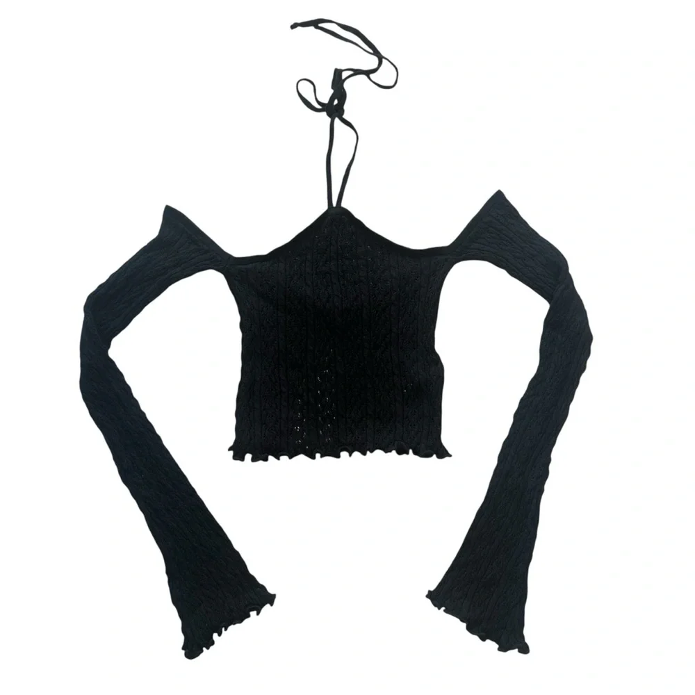 Stradivarius Black Ribbed Crop Top with Long Sleeves Size XS